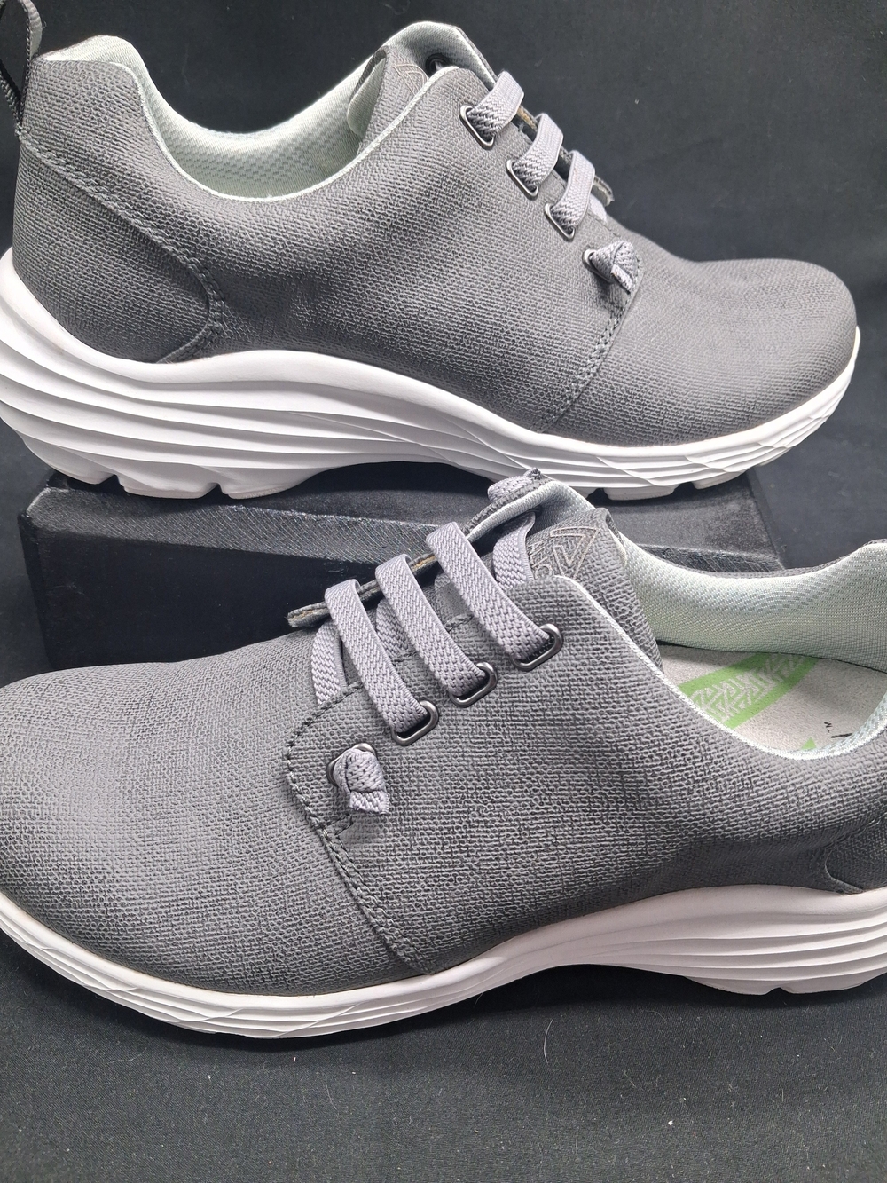 Nurse Mates Align. Gray Casual Lace-Up Sneakers with Cushioned White Sole.